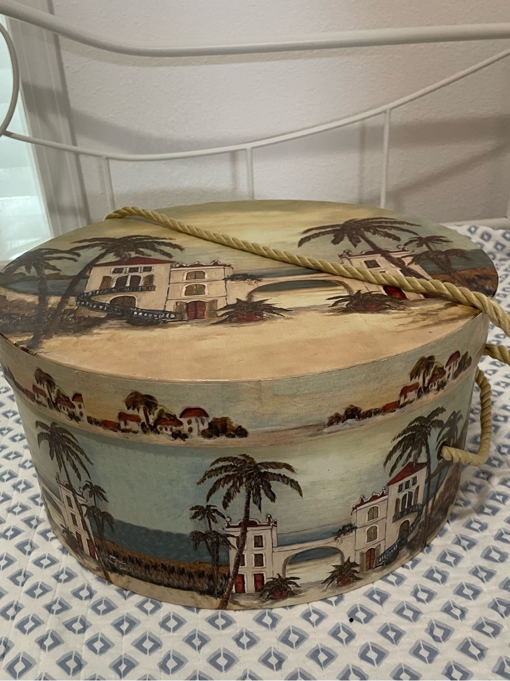 Decorative Coastal Hat Box with Rope Handle - Blue/Tan